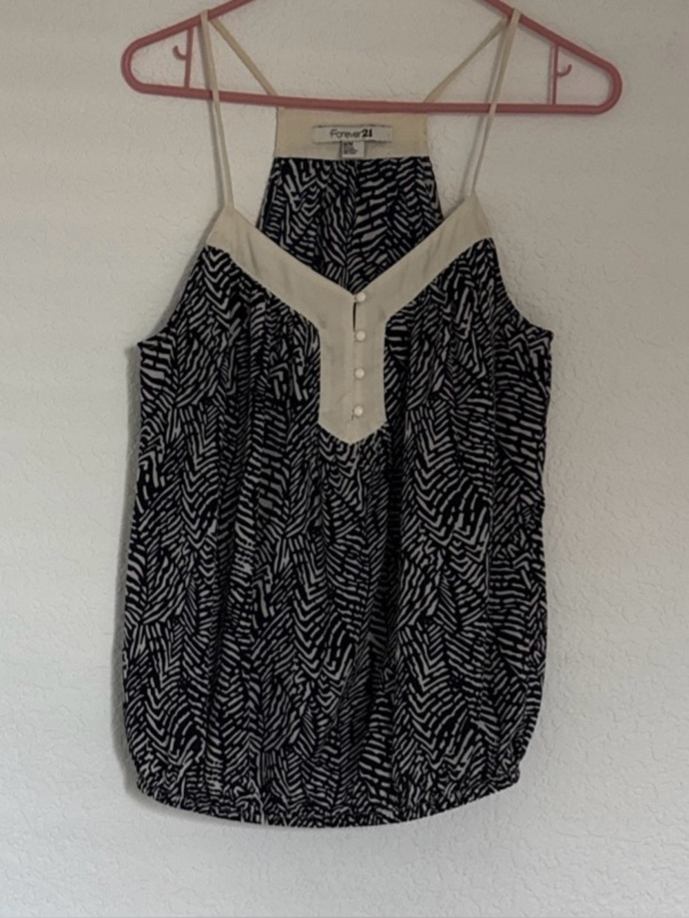 Forever 21 Black and Cream Printed Spaghetti-Strap Halter Tank Women